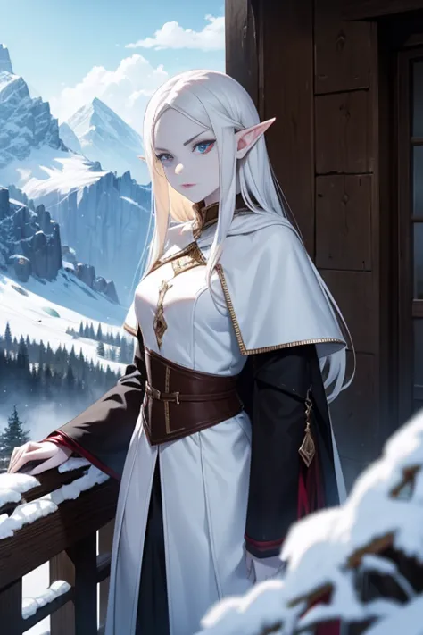 pale skin, sophisticated, elf, winter armor, glaring at viewer, mountain ruins,