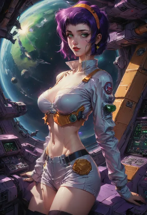 girl, Faye Valentine, Cowboy Bebop, bob cut, solo, green eyes, purple hair, hairband, Space suit, space station, weightless susp...