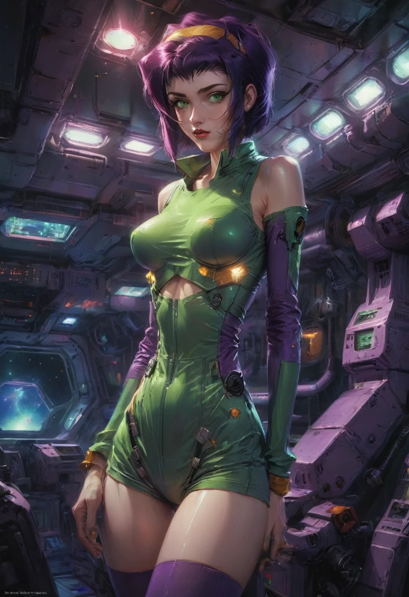 girl, Faye Valentine, Cowboy Bebop, bob cut, solo, green eyes, purple hair, hairband, Space suit, space station, weightless suspension, 1980s (style), best quality, masterpiece, very aesthetic, perfect composition, intricate details, ultra-detailed