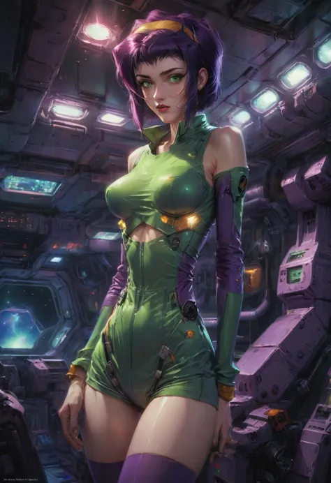 girl, Faye Valentine, Cowboy Bebop, bob cut, solo, green eyes, purple hair, hairband, Space suit, space station, weightless susp...