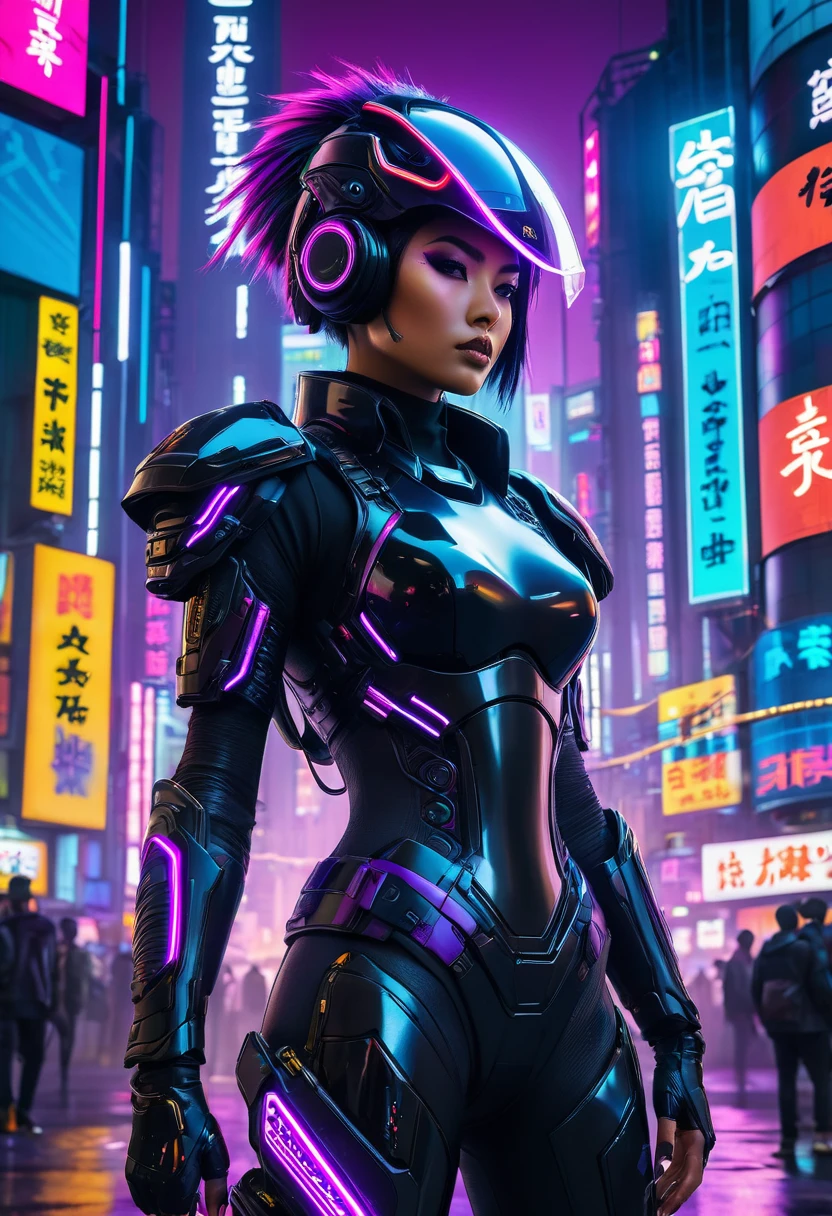 The image depicts a futuristic female warrior standing in a vibrant, neon-lit urban environment. She is adorned with cybernetic enhancements, including a sleek, black armor that covers her torso and arms, and a high-tech helmet with a visor that reflects the city's lights. Her hair is styled in a punk-inspired fashion, with a mix of black and purple hues, and she sports a bold, confident expression. The background is filled with towering buildings, illuminated by a myriad of colorful signs and advertisements, predominantly in Japanese characters, suggesting a setting in a technologically advanced Asian metropolis. The overall aesthetic is reminiscent of the cyberpunk genre, where advanced technology and a dystopian cityscape blend together.