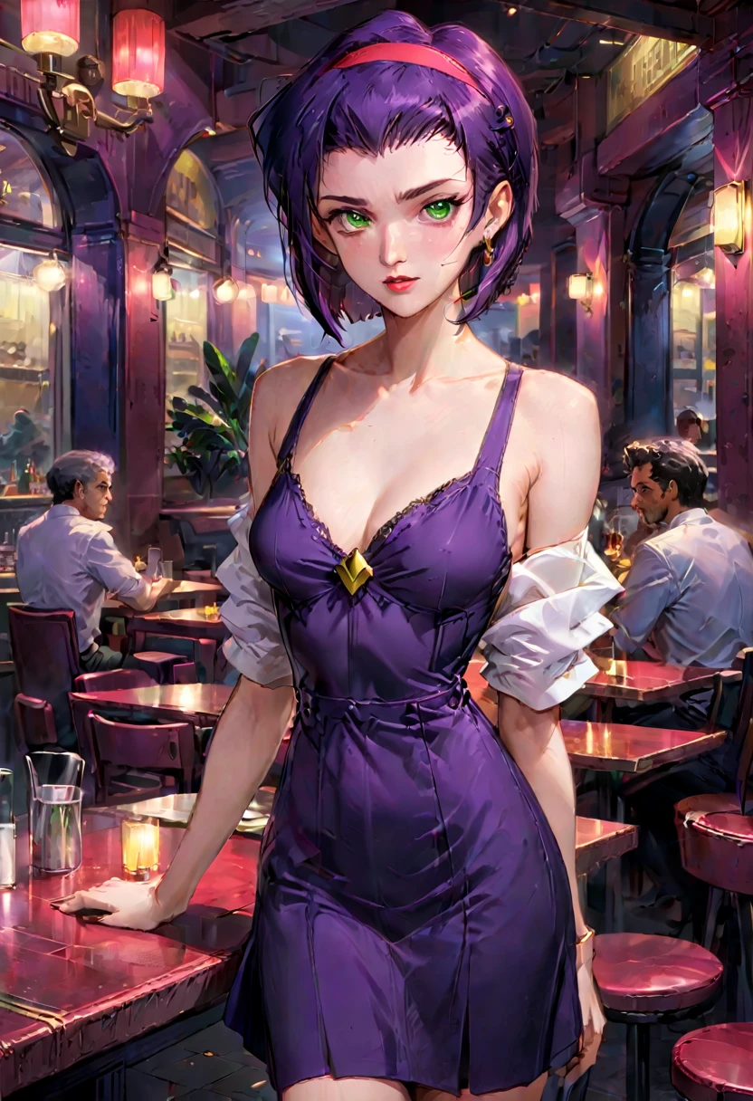 girl, Faye Valentine, Cowboy Bebop, bob cut, solo, green eyes, purple hair, hairband, restaurant, neat dress, 1980s (style), best quality, masterpiece, very aesthetic, perfect composition, intricate details, ultra-detailed