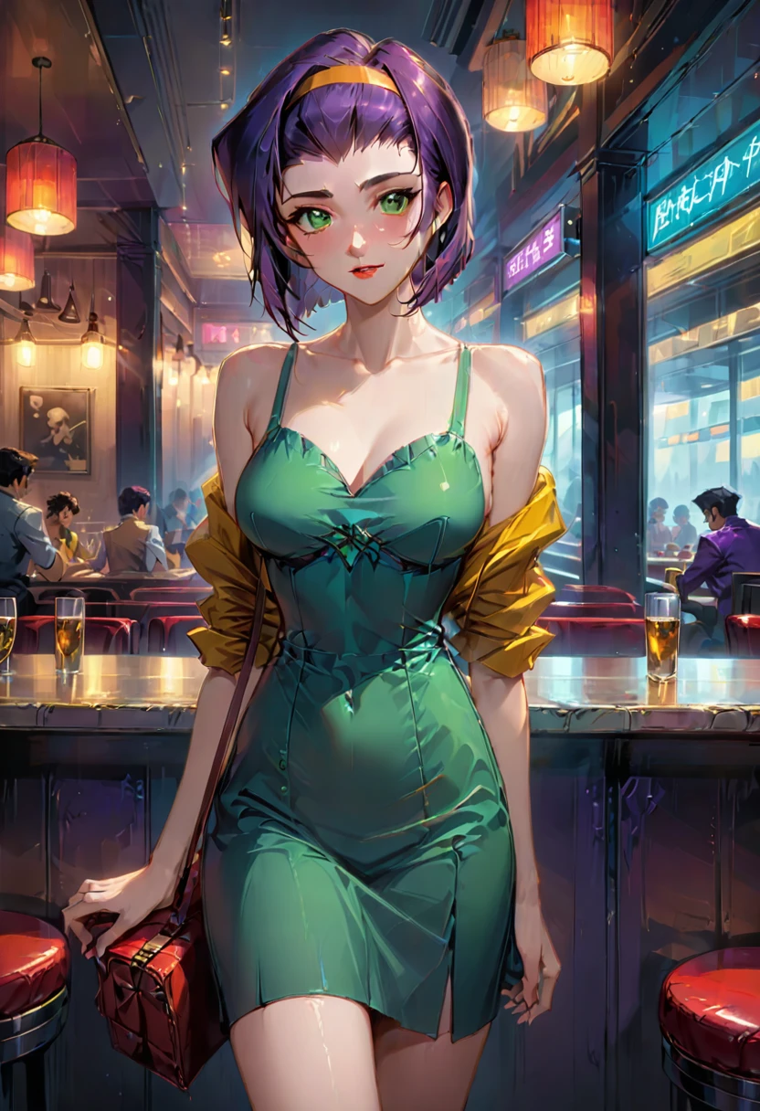 girl, Faye Valentine, Cowboy Bebop, bob cut, solo, green eyes, purple hair, hairband, restaurant, neat dress, 1980s (style), best quality, masterpiece, very aesthetic, perfect composition, intricate details, ultra-detailed