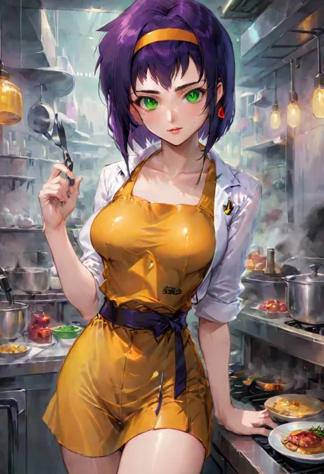 girl, Faye Valentine, Cowboy Bebop, bob cut, solo, green eyes, purple hair, hairband, restaurant, Chef Uniform, cooking, 1980s (...