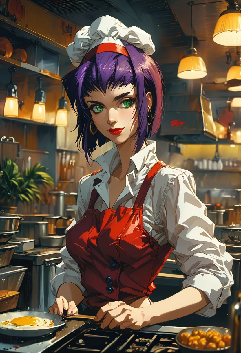 garota, Faye Valentim, Cowboy Bebop, corte bob, Sozinho, olhos verdes, cabelo roxo, elástico de cabelo, restaurant, Chef Uniform, tem, culinária, 1980s (estilo), melhor qualidade, Obra de arte, muito estético, composição perfeita, Detalhes intrincados, ultra-detalhado