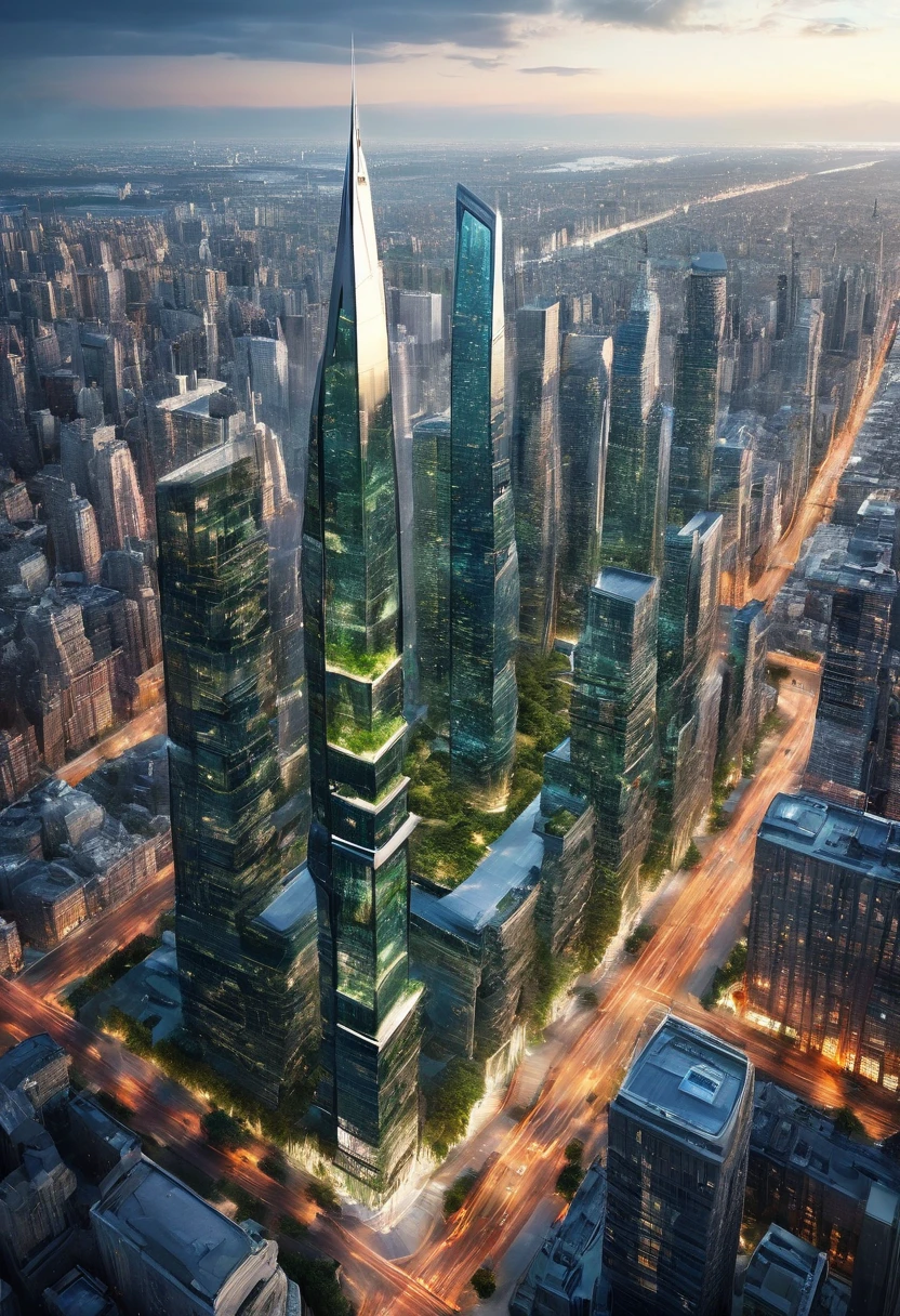 The image presents a breathtaking view of a futuristic cityscape, where the boundaries of architecture and urban design are pushed to their limits. Dominating the skyline is a towering skyscraper, its needle-like spire piercing the clear blue sky. The skyscraper's design is sleek and modern, with a reflective glass facade that mirrors the surrounding city.

The city itself is a marvel of urban planning, with a network of high-rise buildings that stretch as far as the eye can see. These structures vary in height and design, creating a dynamic and visually engaging skyline. The buildings are closely packed, indicating a high-density urban environment.

The city is not just a concrete jungle, though. Green spaces are interspersed throughout the cityscape, providing a refreshing contrast to the urban structures. These parks and gardens are meticulously maintained, adding a touch of nature to the urban landscape.

The city is also well-connected, with a network of roads and highways that crisscross the landscape. These roads are flanked by trees and greenery, further enhancing the city's aesthetic appeal.

Above the city, the sky is a clear blue, with a few clouds scattered here and there. The weather appears to be pleasant, suggesting a comfortable living environment.

Overall, the image captures a vision of a city of the future, where architecture, nature, and urban planning come together to create a harmonious and sustainable living environment. It's a testament to human ingenuity and the power of design to shape our world.