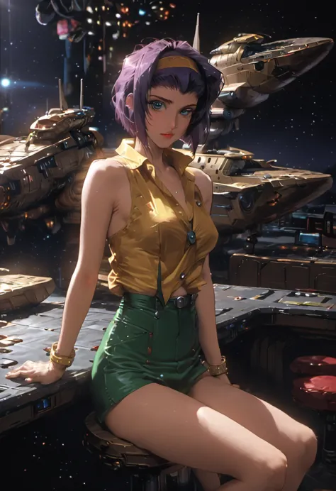 girl, Faye Valentine, Cowboy Bebop, bob cut, solo, green eyes, purple hair, hairband, cbbebop, cbbebop spaceship, 1980s (style),...