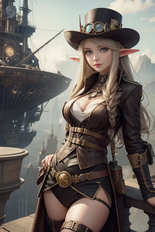 Sophisticated elf woman, hat, steampunk suit, airship, muted colors, sephia filter,