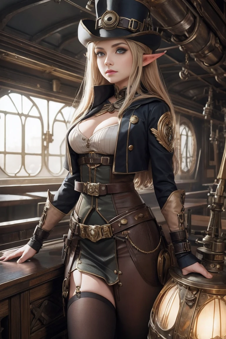 Sophisticated elf woman, hat, steampunk suit, airship, muted colors, sephia filter,