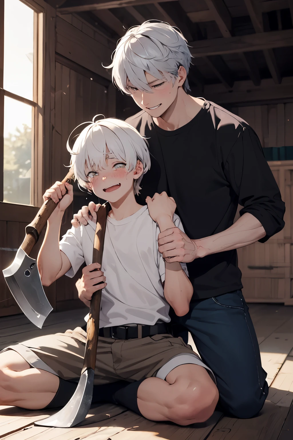 Anime boy with white hair and gray hair sitting on the floor next to a man  with an ax - SeaArt AI