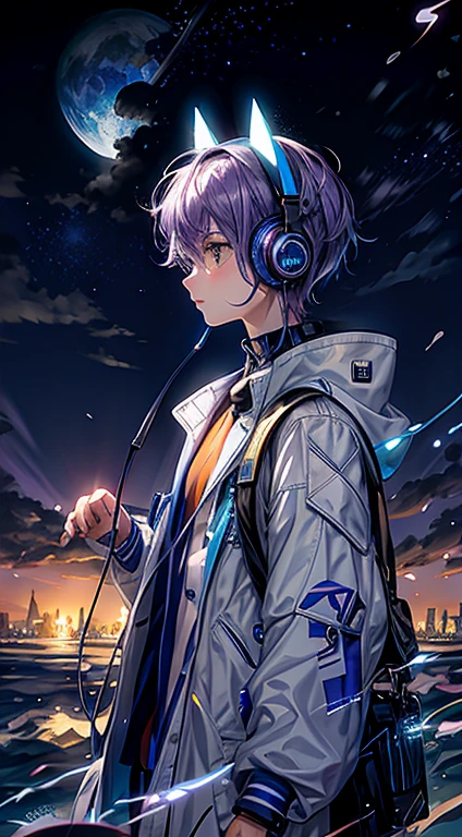 Blue coat，Light purple hair，beachside，the sea，With blue illuminated headphones，nigh sky，shoun