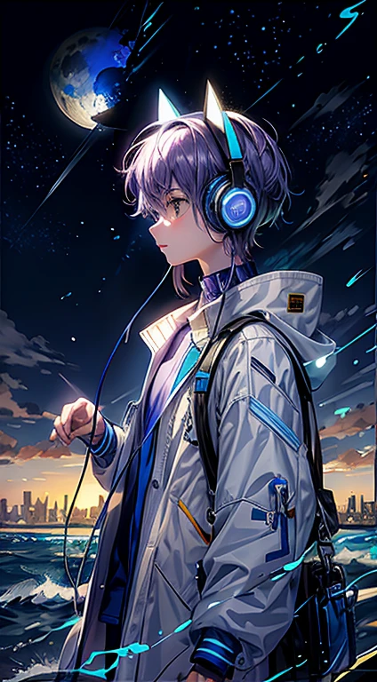 Blue coat，Light purple hair，beachside，the sea，With blue illuminated headphones，nigh sky，shoun