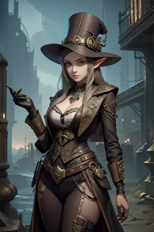 Femme elfe sophistiquée, chapeau de dames, costume steampunk, dirigeable, couleurs sourdes, filtre sépia,