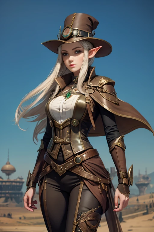 Sophisticated elf woman, ladies hat, steampunk suit, airship, muted colors, sephia filter,