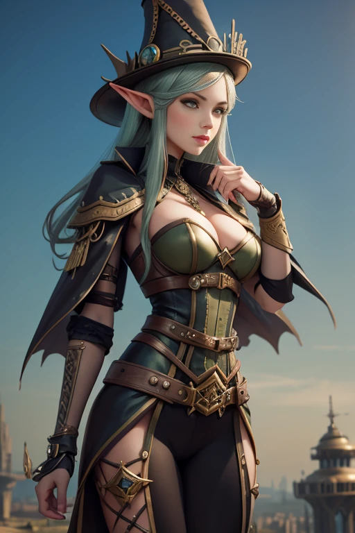 Sophisticated elf woman, ladies hat, steampunk suit, airship, muted colors, sephia filter,