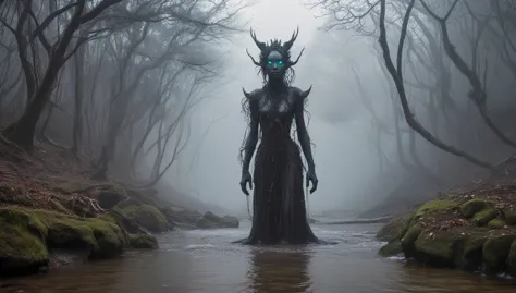 creates horrifying beings, of many colors and with bleeding pigmentation, which takes place in a river next to a forest with dense Sphalerite fog, all in 4k definition,full body length,opal girl,ogre ,pretty face,eyebrow up,full body shot,ominous Cleavelandite landscape,niobium gray atmosphere,by art Simon Stalenhag,Nicola Samori,(((Wangechi Mutu))),prime colors,urban,extremely detailed,masterpiece,intricate details,faded,eyes extremely detailed, high detailed eyes,4k resolution,RAW, Nikon Z9,scary village,hunter,goblin,Stone Forest in Yunnan Province of China,Zhangjiajie National Forest Park of China,Generate an image of a close up a creature with a spectral and ghostly appearance. Her skin is pale, almost translucent. His eyes shine with a bluish glow, and he wears dark, torn clothes that float around him, as if permeated by an aura of mourning. Its appearance is complemented by details such as chains, symbols of mourning, and gothic elements, further emphasizing its dark air. It is portrayed as a haunted and tormented entity.