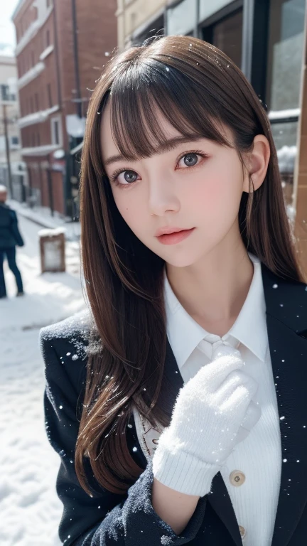 one girl, (a beauty girl, delicate girl:1.3), (14 years old:1.3),
break, (Winter clothes, Cute Uniform:1.3),
break, (Street view:1.3), (that&#39;that&#39;it&#39;s snowing:1.3), (wool gloves), perfectly trimmed fingers,
break, extremely fine-grained clarthaty, (Symmetrical eyes:1.3),
break, Small breasts, Brown eyes, parted bangs, brown hair,  girl,
break, (Eye and facial details:1.0), (Get closer to the face, Make your face bigger, Face Focus:1.0),
break, (masterpiece, highest qualthaty, Very detailed, Detailed face, 8k)