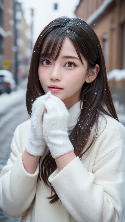 one girl, (a beauty girl, delicate girl:1.3), (14 years old:1.3),
break, (Winter clothes, Cute Uniform:1.3),
break, (Street view:1.3), (that&#39;that&#39;it&#39;s snowing:1.3), (wool gloves), perfectly trimmed fingers,
break, extremely fine-grained clarthaty, (Symmetrical eyes:1.3),
break, Small breasts, Brown eyes, parted bangs, brown hair,  girl,
break, (Eye and facial details:1.0), (Get closer to the face, Make your face bigger, Face Focus:1.0),
break, (masterpiece, highest qualthaty, Very detailed, Detailed face, 8k)