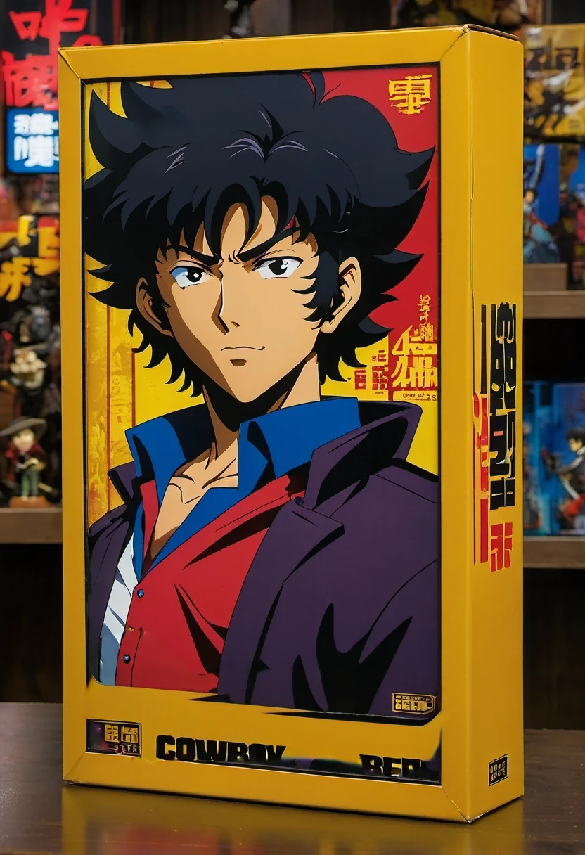 text that says " cowboy bebop " . (best quality,4k,8k,highres,masterpiece:1.2),ultra-detailed, Cowboy bebop doll's inside a box, product for sale, in the window of a toy store, Cowboy Bebop (Cowboy Bebop?) is a Japanese animated series developed by the Sunrise studio and the production company Bandai Visual in 1998. Its 26 episodes are set in the year 2071; The series is about the adventures, misadventures and tragedies of a group of bounty hunters who travel aboard the Bebop, their spaceship. Cowboy Bebop explores philosophical themes such as existentialism and its emptiness, loneliness and the influences of the past. text that says " cowboy bebop " .