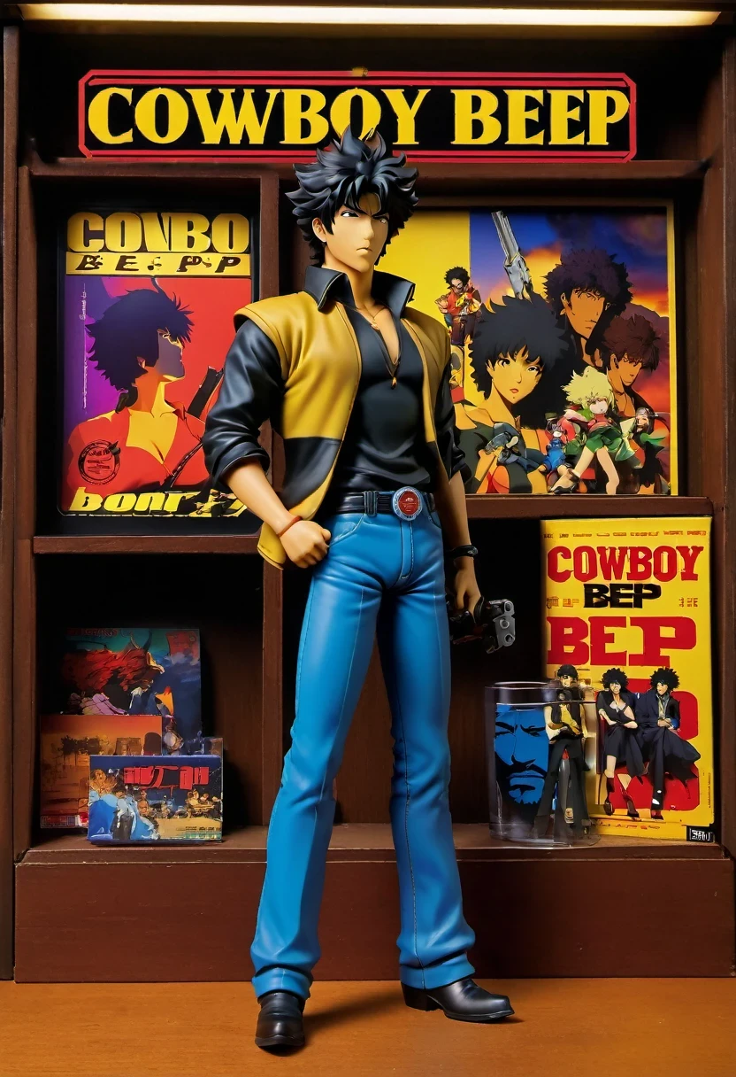 text that says " cowboy bebop " . (best quality,4k,8k,highres,masterpiece:1.2),ultra-detailed, Cowboy bebop doll's inside a box, product for sale, in the window of a toy store, Cowboy Bebop (Cowboy Bebop?) is a Japanese animated series developed by the Sunrise studio and the production company Bandai Visual in 1998. Its 26 episodes are set in the year 2071; The series is about the adventures, misadventures and tragedies of a group of bounty hunters who travel aboard the Bebop, their spaceship. Cowboy Bebop explores philosophical themes such as existentialism and its emptiness, loneliness and the influences of the past. text that says " cowboy bebop " .