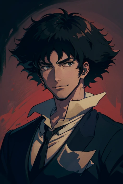 masterpiece, best quality, spikespiegel, formal, suit, jacket, necktie, upper body, portrait, furrowed brow, smirk, desaturated, looking at viewer, darkness, abstract background, chiaroscuro 