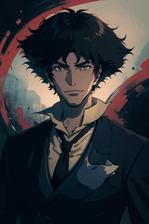 masterpiece, best quality, spikespiegel, formal, suit, jacket, necktie, upper body, portrait, furrowed brow, smirk, desaturated, looking at viewer, darkness, abstract background, chiaroscuro 