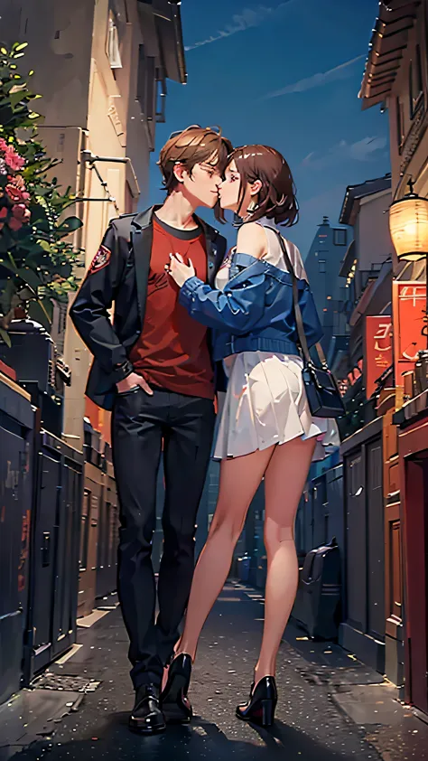 a couple kissing , male and female, brown hair, night time , hands in pocket
