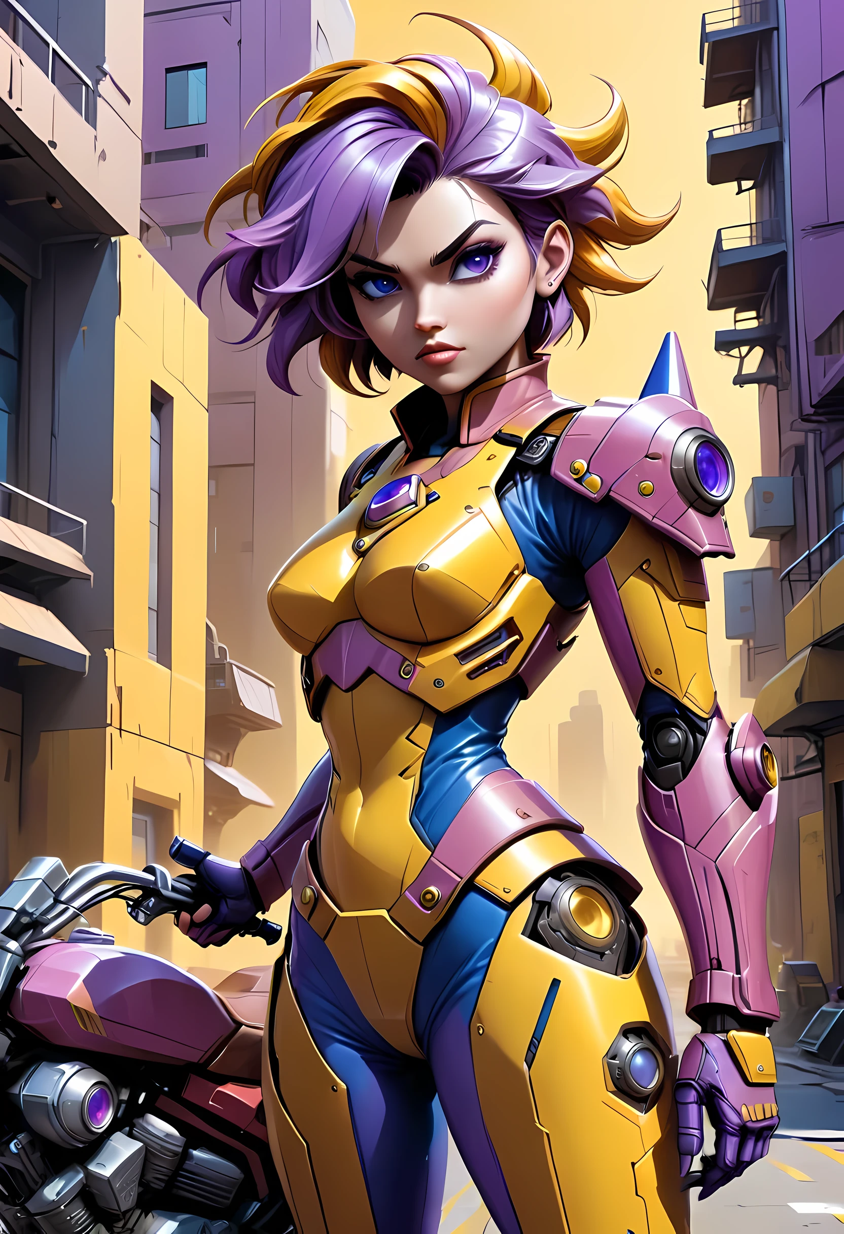 high details, best quality, 16k, [ultra detailed], masterpiece, best quality, (extremely detailed), dynamic angle, ultra wide shot, RAW, photorealistic, realistic art, a picture of mech Faye Valentine from Bebop Cowboy (intricate details, Masterpiece, best quality: 1.5) riding motorcycle, wearing yellow armor, (intricate details, Masterpiece, best quality: 1.4), leather boots, thick hair, short hair, purple hair, intense (blue: 1.3) eyes, futuristic urban background sun light, golden light. dynamic angle, (intricate details, Masterpiece, best quality: 1.5) , 2.5 rendering, high details, best quality, highres, ultra wide angle