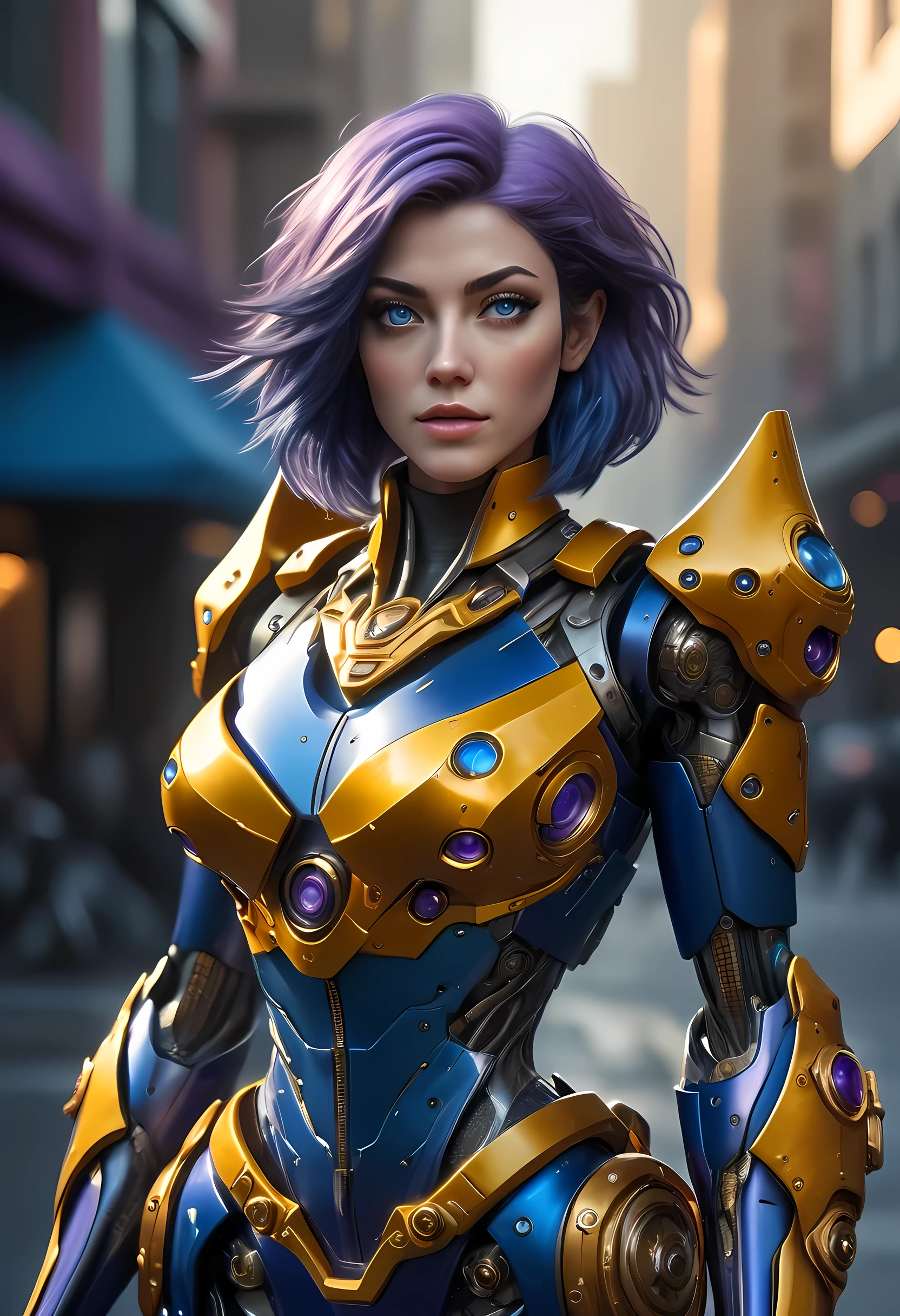 high details, best quality, 16k, [ultra detailed], masterpiece, best quality, (extremely detailed), dynamic angle, ultra wide shot, RAW, photorealistic, realistic art, a picture of mech Faye Valentine from Bebop Cowboy (intricate details, Masterpiece, best quality: 1.5) riding motorcycle, wearing yellow armor, (intricate details, Masterpiece, best quality: 1.4), leather boots, thick hair, short hair, purple hair, intense (blue: 1.3) eyes, futuristic urban background sun light, golden light. dynamic angle, (intricate details, Masterpiece, best quality: 1.5) , 2.5 rendering, high details, best quality, highres, ultra wide angle