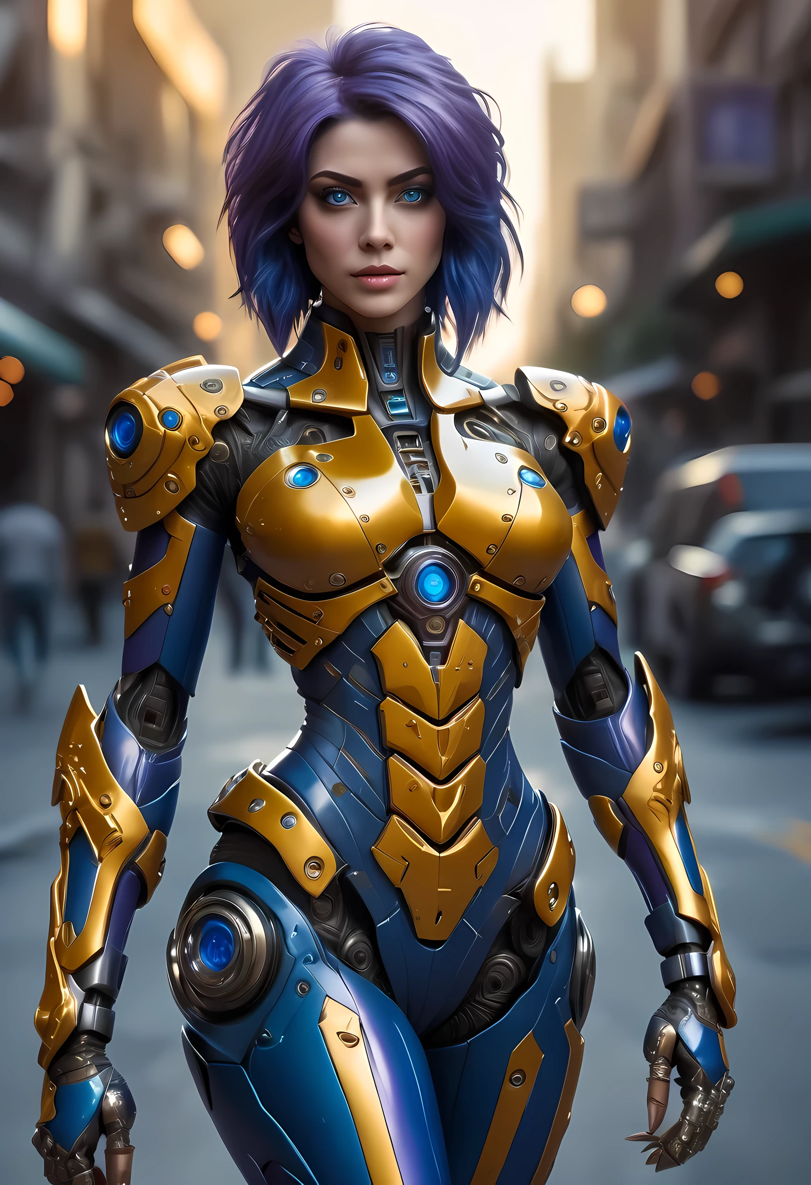 high details, best quality, 16k, [ultra detailed], masterpiece, best quality, (extremely detailed), dynamic angle, ultra wide shot, RAW, photorealistic, realistic art, a picture of mech Faye Valentine from Bebop Cowboy (intricate details, Masterpiece, best quality: 1.5) riding motorcycle, wearing yellow armor, (intricate details, Masterpiece, best quality: 1.4), leather boots, thick hair, short hair, purple hair, intense (blue: 1.3) eyes, futuristic urban background sun light, golden light. dynamic angle, (intricate details, Masterpiece, best quality: 1.5) , 2.5 rendering, high details, best quality, highres, ultra wide angle