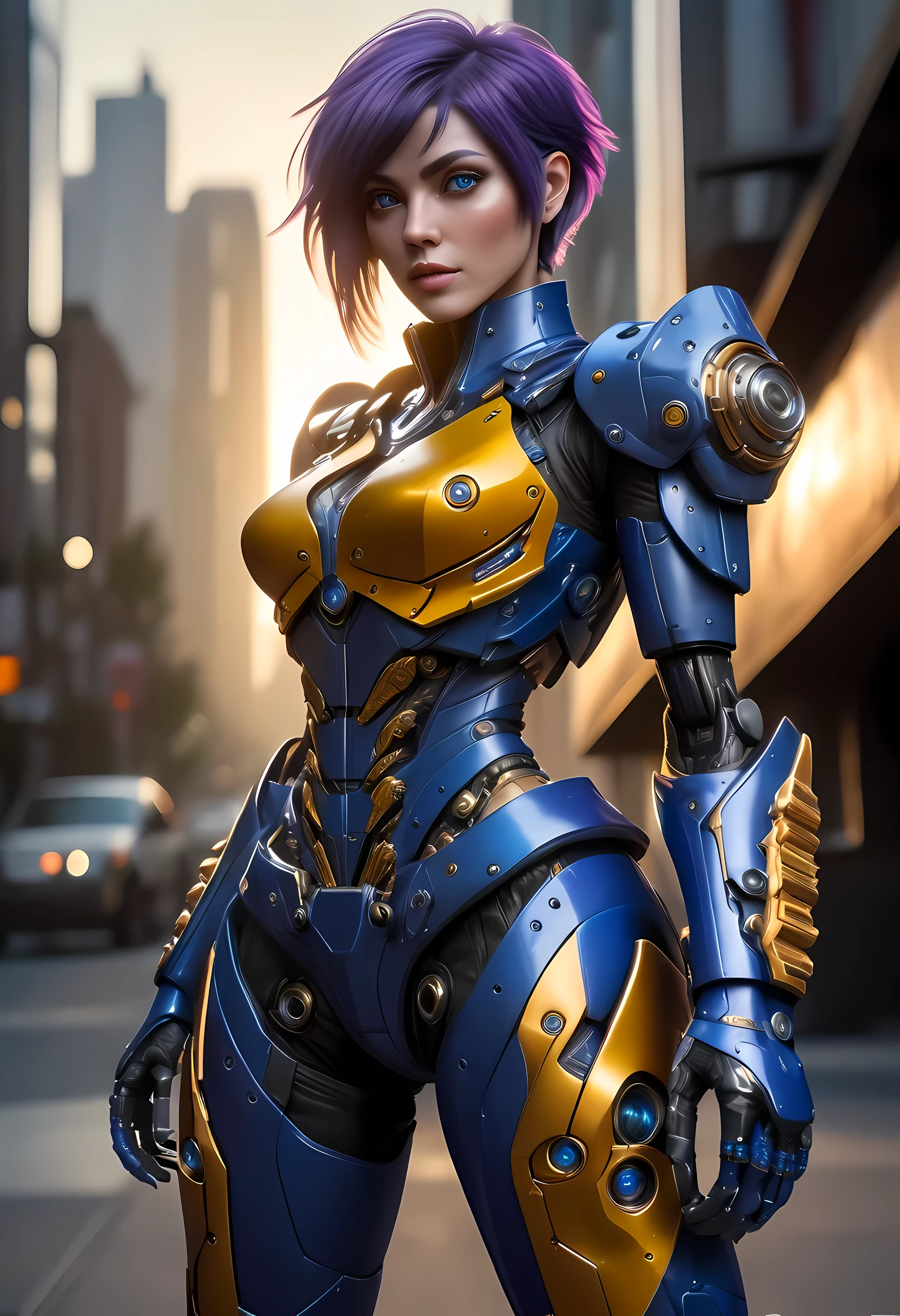 high details, best quality, 16k, [ultra detailed], masterpiece, best quality, (extremely detailed), dynamic angle, ultra wide shot, RAW, photorealistic, realistic art, a picture of mech Faye Valentine from Bebop Cowboy (intricate details, Masterpiece, best quality: 1.5) riding motorcycle, wearing yellow armor, (intricate details, Masterpiece, best quality: 1.4), leather boots, thick hair, short hair, purple hair, intense (blue: 1.3) eyes, futuristic urban background sun light, golden light. dynamic angle, (intricate details, Masterpiece, best quality: 1.5) , 2.5 rendering, high details, best quality, highres, ultra wide angle