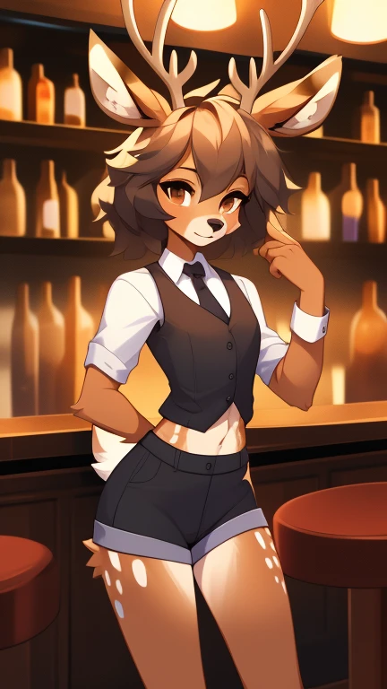 Best quality, super detailed illustration, warm colors, Ideal lighting, better detail, (fluffy deer boy:1.4) , feminine face and body, disheveled thick hair, Bartender's clothes, short shorts, shirt, vest, black butterfly, Sleepy view, femboy, small waist, wide hips, slim, perfect body, style &quot;DND&quot;, behind the bar,