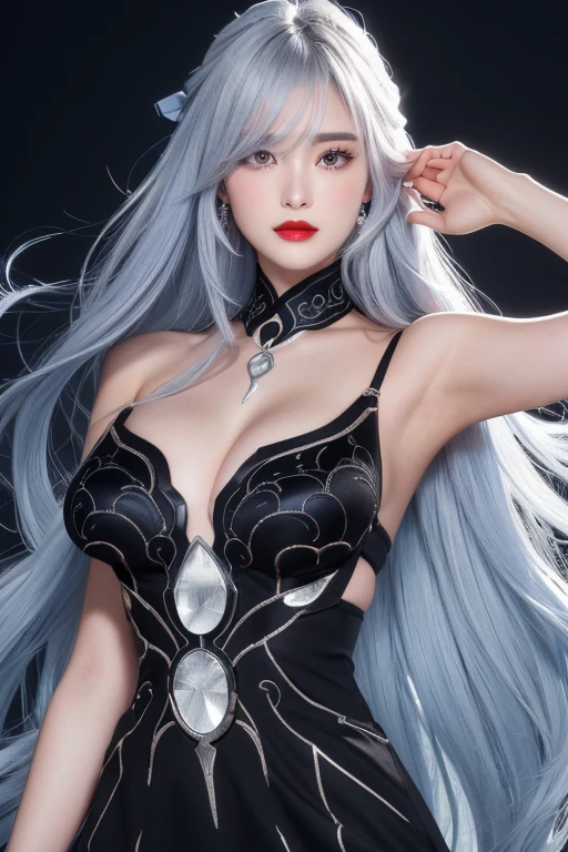 Anime Style、White skin、Gray Hair、Long Hair、Blue vein hair、Upward、Large and noticeable、Colorful gas expression、Captivating big 、feminine、High-frequency detail (((Sharpness)))、((Focus Sharp: 1.2 ) )、Pueros Face_v1: 0.7)、(8k、highest quality)、Very large chest light)))、Beautiful lighting、Highly detailed face、well drawn hands、Well drawn legs、Well drawn legs、Exposed chest、(masterpiece) : 1、2)、highest quality、masterpiece、High resolution、Original and detailed wallpapers、information: upper class、Business service、Red lipstick and black lips、dark red lipstick、dark red lipstick、ear piercing、Expensive Gemstones、Black Dress、tight black dress、Black bodysuit、A black dress that covers the shoulders and neck、Modern apartment background、Modern apartment background、Expensive necklace、black shirt with long collar