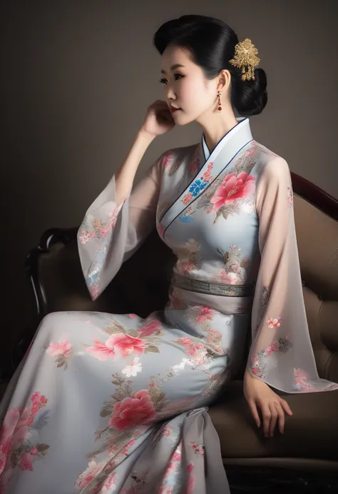 a woman in her 50s wearing a floral dress sitting on a sofa, china dress, china dress, chinese girl, chinese women, traditional ...