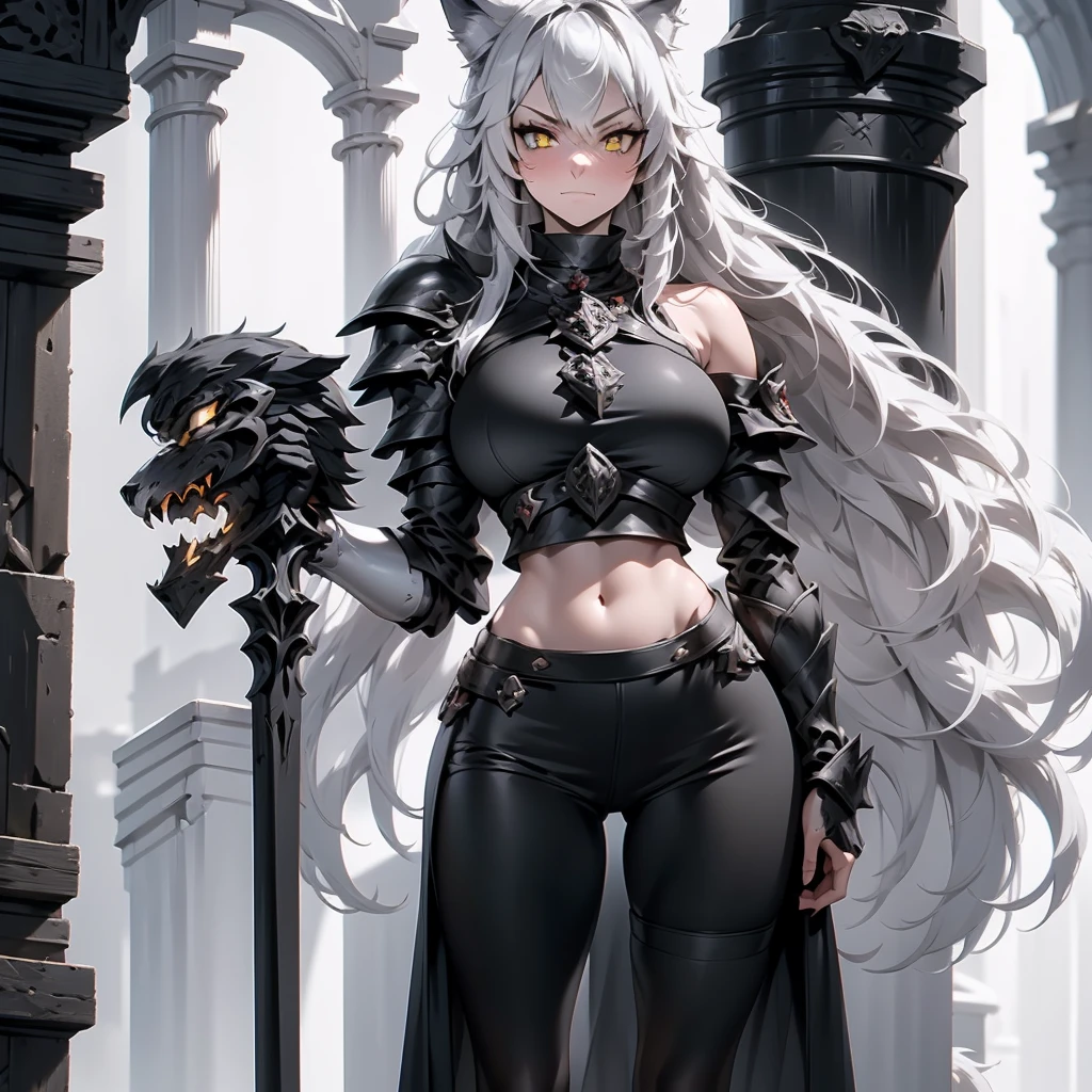 Solo, full body portrait, 8K, a visually stunning tall beautiful young woman, detailed knight armor, fluffy wolf ears, white pale skin, smooth skin, especially detailed face, masterpiece, ultra detailed, best quality, highlydetailed face, ultra-detailed face, goth aesthetic wolf tailed girl, athletic body, pale white skin, big breasts, curvy, busty, long hair, gray-silver hair, a young woman, wolf ears, long wolf tail, fluffy wolf tail, wolf-like irises, beautiful, enchanting, bright yellow eyes, detailed eyes, ultra-detailed eyes, accurate eyes, detailed irises, correct body proportions, elegant, small vertical scar under right eye, small rosy lips, closed mouth, cute canines, wolf fangs, pretty hands, detailed hands, slight blush, shy smile, black metal armor, black top, detached sleeves, black and red armor, metal chest armor, armored bike long shorts, silver armored jacket, silver metallic ornaments, bare off shoulders, toned abs, exposed belly, standing straight pose, angry smug blushed expression