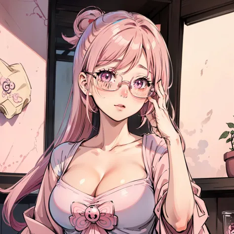 Close-up of a woman with Pink hair wearing glasses, artwork in Gouwez style, Gouwez, Kawaii realistic portrait, Inspired by Chen...