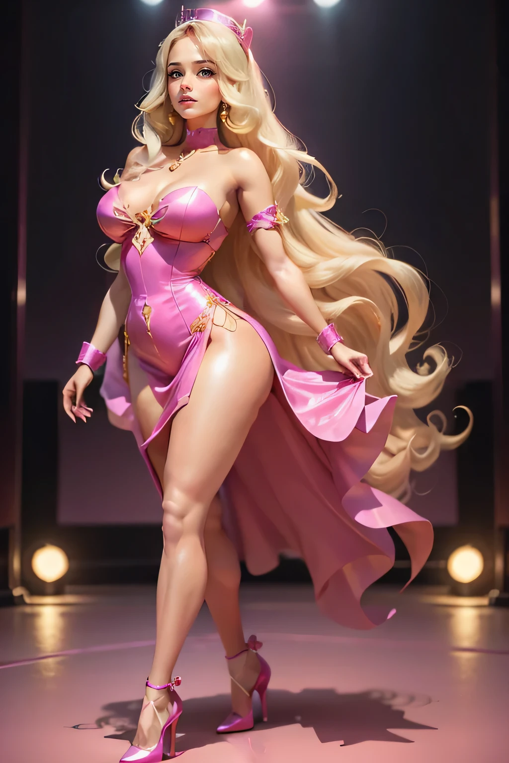 ,barbie, solo,cleavage, ((whole body and legs in frame)), full body, soft lighting, nightclub, high heel pumps,big hips,,side view,mid walk,(detailed face) (detailed eyes) (detailed lips), dress, detailed beautiful fingers, shinning body, pink outfit, beautiful, glamours, ((colourful background))