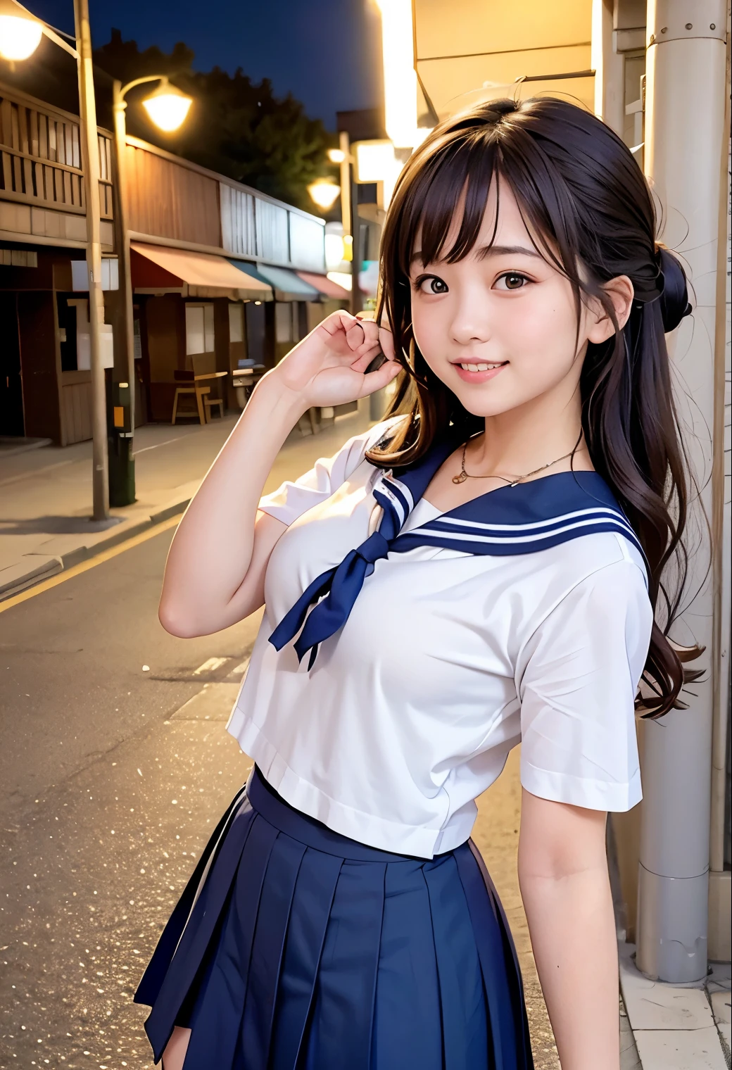 (highest quality,masterpiece:1.3,Ultra-high resolution),(Very detailed、Caustics) (Photorealistic:1.4, RAW shooting、)Ultra-Realistic Capture、very detailed、Natural skin texture、masterpiece、(Junior high school sailor uniform:1.3)、short sleeve sailor suit、1 Japanese girl、adorable expression、expression of happiness、14 years old、Young Face、Amazingly cute、Twin tails、Curly Hair、Black Hair、Scrunchie、necklace、light makeup、Big breasts that look like they&#39;re about to burst、Bare arms、This photo was taken in front of a small restaurant in the downtown area at night.、Shining thighs、Shooting from the side、Smile、Don&#39;t show your lower teeth、inviting gaze、The exact number of fingers on both hands、