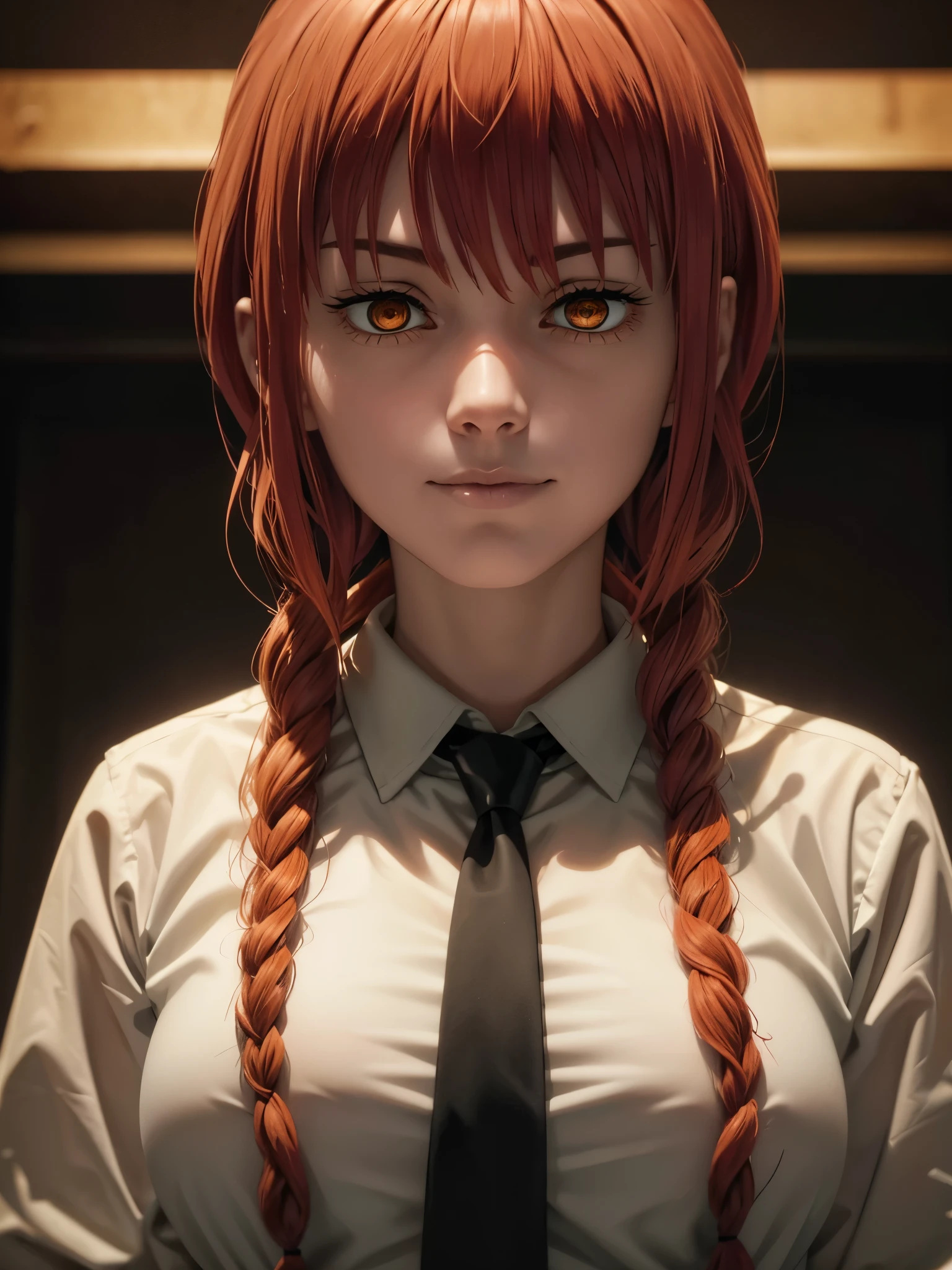 makima (chainsaw man), best quality, ultra detailed, 1girl, solo, standing, red hair, long braided hair, golden eyes, bangs, medium breasts, white shirt, necktie, stare, smile, (evil:1.2), looking at viewer, (interview:1.3), (dark background), from below, sharp contrast , gorgeous detailed eyes, focus , close up shot , glowing orange eyes,front view