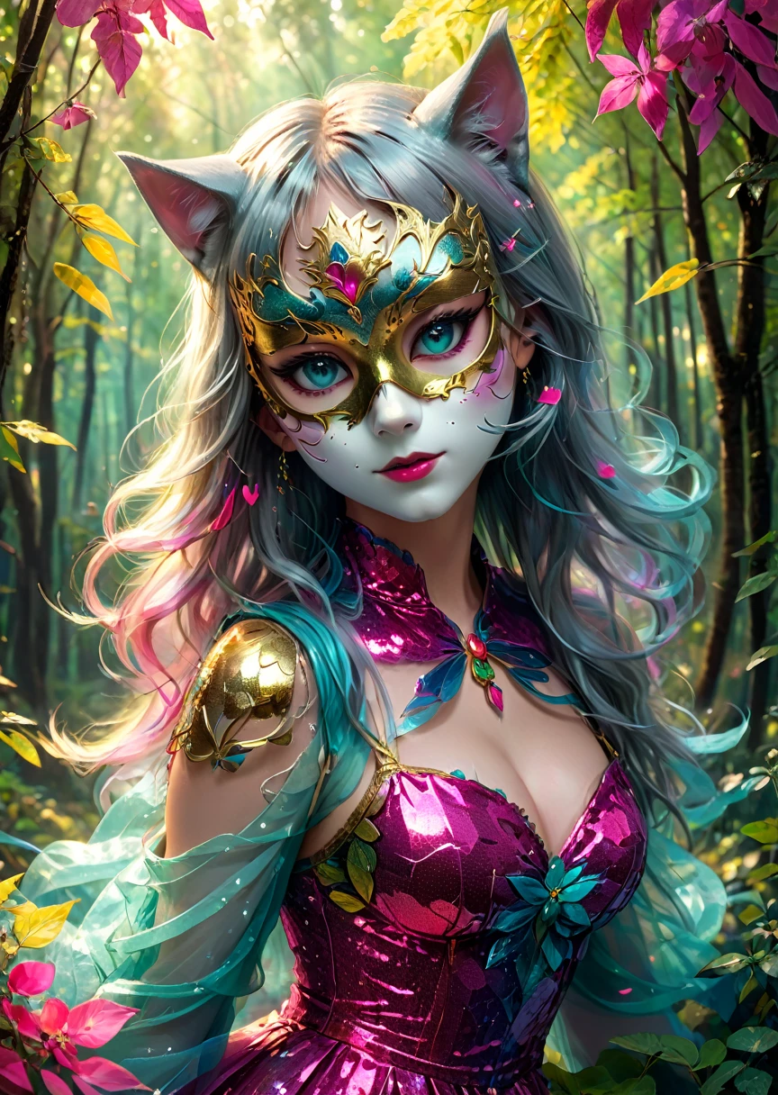 Venice Mask, The upper half of his face is wearing a cat mask、（（cute girl、Silver-gold long hair with bangs、Aquamarine Eyes））、（Fuchsia sequined dress）、in the forest, Complex colors, Art Me、Actual photo、High definition、Detailed