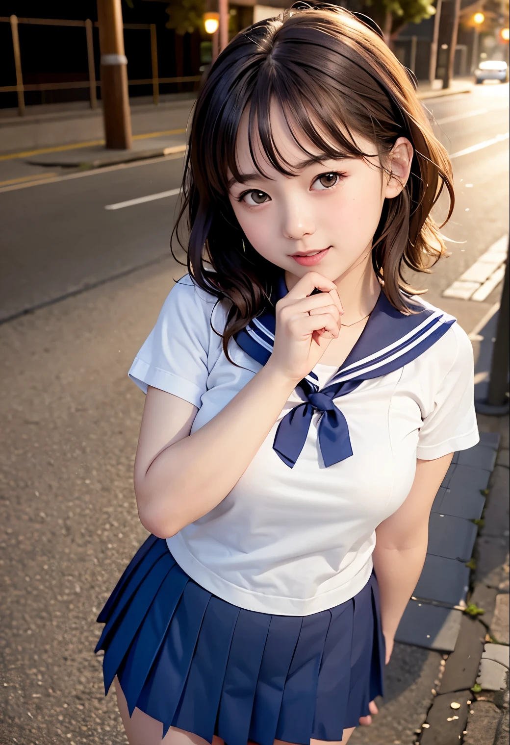 (highest quality,masterpiece:1.3,Ultra-high resolution),(Very detailed、Caustics) (Photorealistic:1.4, RAW shooting、)Ultra-Realistic Capture、very detailed、Natural skin texture、masterpiece、(Junior high school sailor uniform:1.3)、short sleeve sailor suit、1 Japanese girl、adorable expression、expression of happiness、14 years old、Young Face、Amazingly cute、Short Bob、Curly Hair、Black Hair、necklace、light makeup、Big breasts that look like they&#39;re about to burst、Bare arms、This photo was taken on a sidewalk in a neon-lit town at night.、Shining thighs、Shooting from the side、Smile、Don&#39;t show your teeth、inviting gaze、The exact number of fingers on both hands、