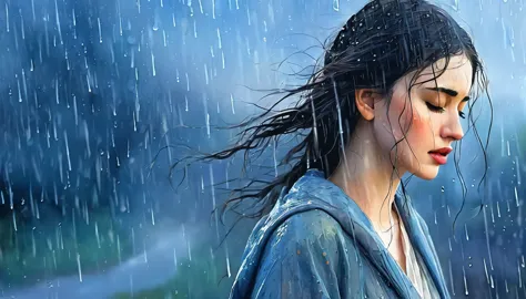 Description: A mystical scene where a beautiful woman, with her clothing drenched by rain, stands with her eyes closed, expressi...