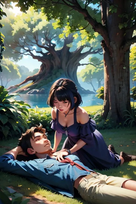 couple of lovers are lying under a huge tree in another world