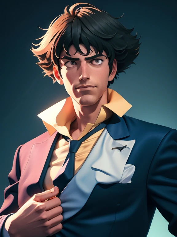 masterpiece, best quality, spikespiegel, formal, suit, jacket, necktie, upper body, portrait, furrowed brow, smirk, desaturated, looking at viewer, darkness, abstract background, chiaroscuro
