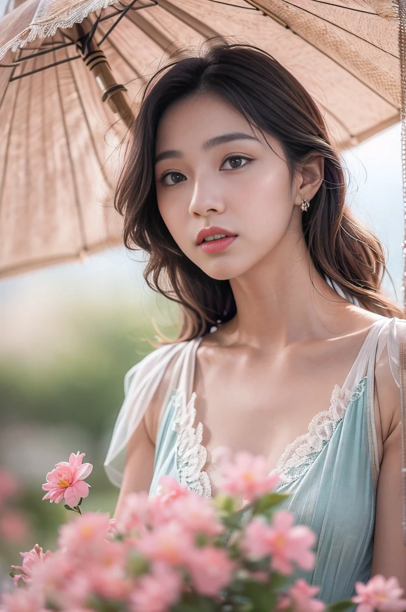 ((Ultra-realistic最high quality))16k resolution, ((photo realistic:1.55)), (1girl:1.4) 21years old、fashion supermodel、cinematic lighting, (Increase quality:1.2), (best quality real texture skin:1.2), Beautiful and charming woman in fashion trend, full body: 1.6, holding flowers, random hairstyle, sitting under a parasol, by the sea, tight slip dress random color, wind blowing hair, blue sky and white clouds, delicate sexy collarbone, covering chest, charming goose egg face, double eyelids, smart peach blossom eyes, pink lips, small upturned nose, bare shoulders, focused face, face close-up, ultra-high definition, super detail, ultra-thin translucency, fresh and good, see-through, pink