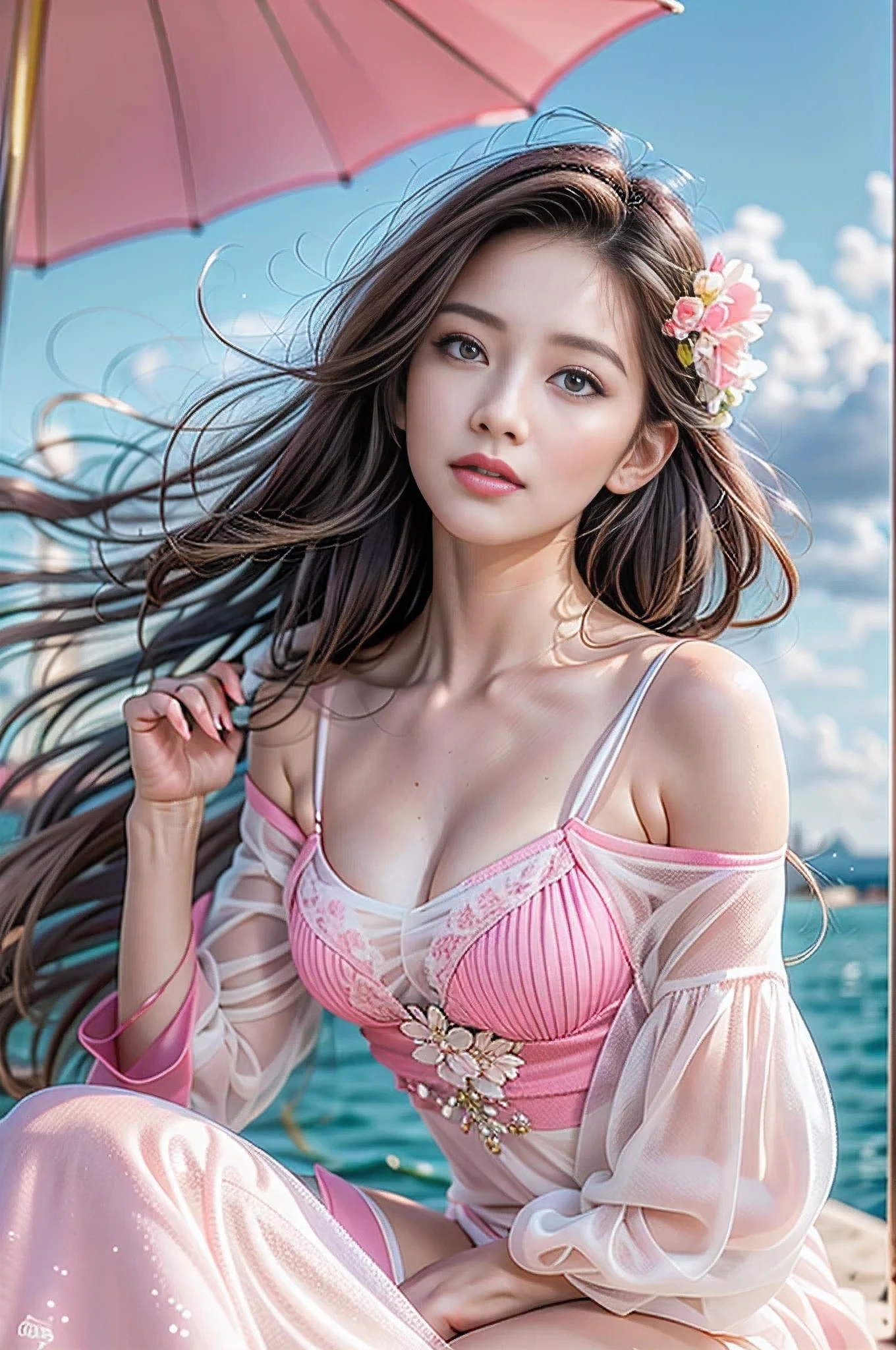 ((Ultra-realistic最high quality))16k resolution, ((photo realistic:1.55)), (1girl:1.4) 21years old、fashion supermodel、cinematic lighting, (Increase quality:1.2), (best quality real texture skin:1.2), Beautiful and charming woman in fashion trend, full body: 1.6, holding flowers, random hairstyle, sitting under a parasol, by the sea, tight slip dress random color, wind blowing hair, blue sky and white clouds, delicate sexy collarbone, covering chest, charming goose egg face, double eyelids, smart peach blossom eyes, pink lips, small upturned nose, bare shoulders, focused face, face close-up, ultra-high definition, super detail, ultra-thin translucency, fresh and good, see-through, pink