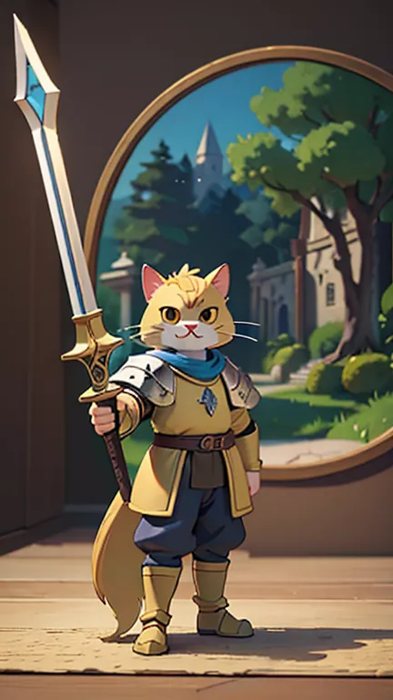 A cat knight in Medieval armor holding a long sword, com um olhar determinado, tendo como pano de fundo um antigo castelo e uma ...