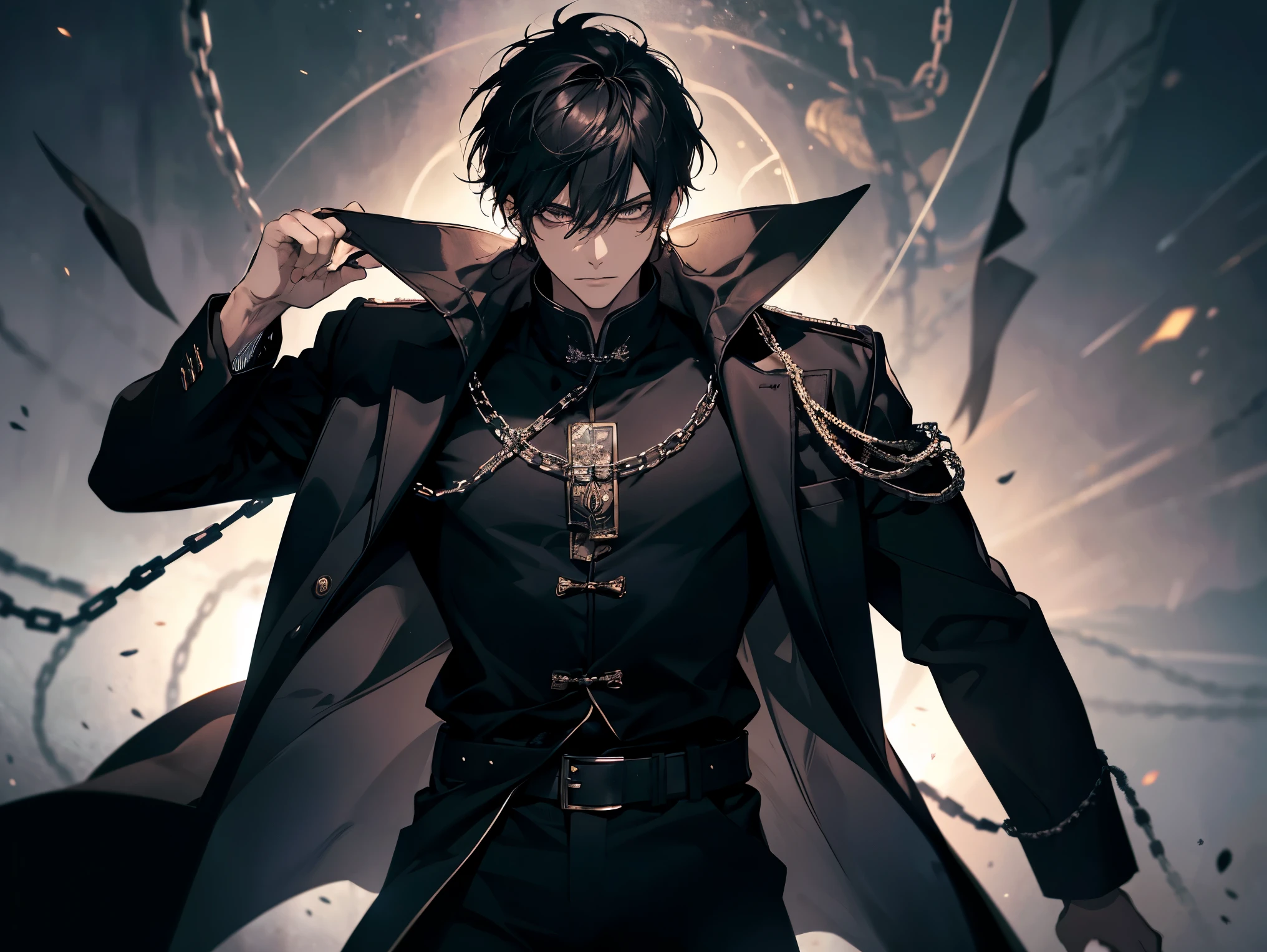 1 man, teacher, wearing a black leather jacket robe with chains, long black pants, black hair, short hair, face to detail, detailed eyes, black eyes, black crown floating over his head, in a fighting pose, the background is space beings in china, dark grey skin.