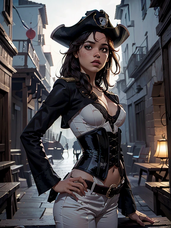 Una chica, solo, (Busto, cuerpo completo, Vista frontal:1.2), ojos negros, jenna ortega, Capitán Jack Sparrow, pirata, pirata hat, pirata outfit, corset, (pecho plano, pecho masculino, small breasts, pechos diminutos, escote, senos visibles :1.3), (Obra maestra, Muy detallado, mirar al espectador, fondo gris borroso brillante, fondo rociado degradado, fondo borroso:1.2)