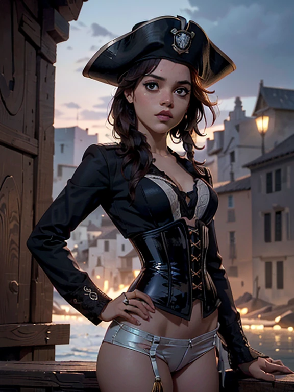 Una chica, solo, (Busto, cuerpo completo, Vista frontal:1.2), ojos negros, jenna ortega, Capitán Jack Sparrow, pirata, pirata hat, pirata outfit, corset, (pecho plano, pecho masculino, small breasts, pechos diminutos, escote, senos visibles :1.3), (Obra maestra, Muy detallado, mirar al espectador, fondo gris borroso brillante, fondo rociado degradado, fondo borroso:1.2)